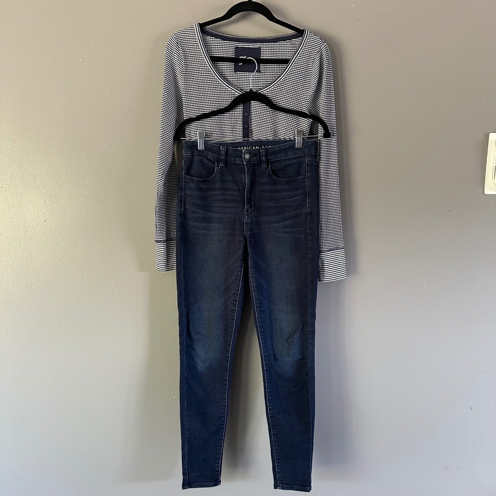 American Eagle Aerie Bundle‎ Super Hi-Rise Jeggings Henley Stripe Top Medium